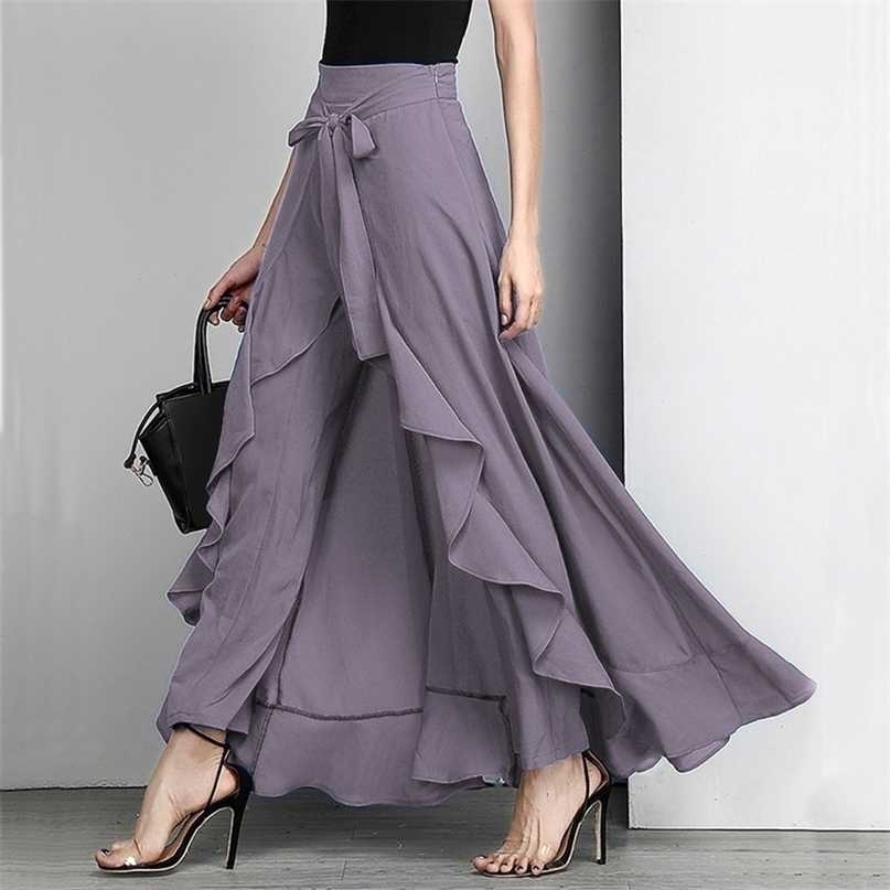 Women Pants Causal Ruffle Drawstring Trouser Elegant High Waist Irregular Loose Pure Color Autumn Female Pant Skirt 211115