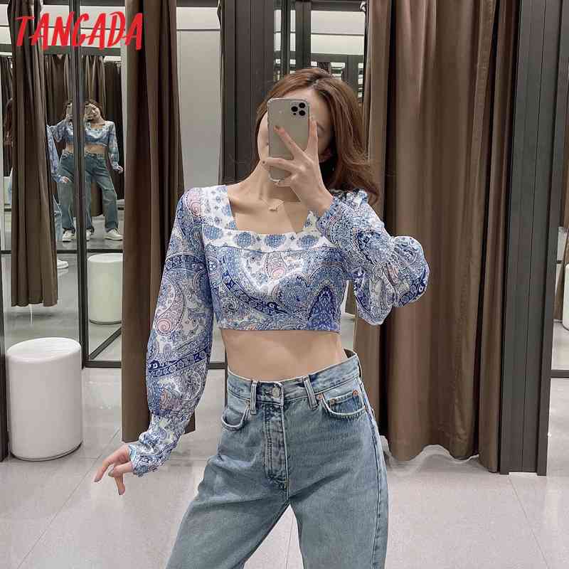 Women Retro Print Crop Chiffon Shirt Summer Blouse Long Sleeve Chic Female Tops 4N09 210416