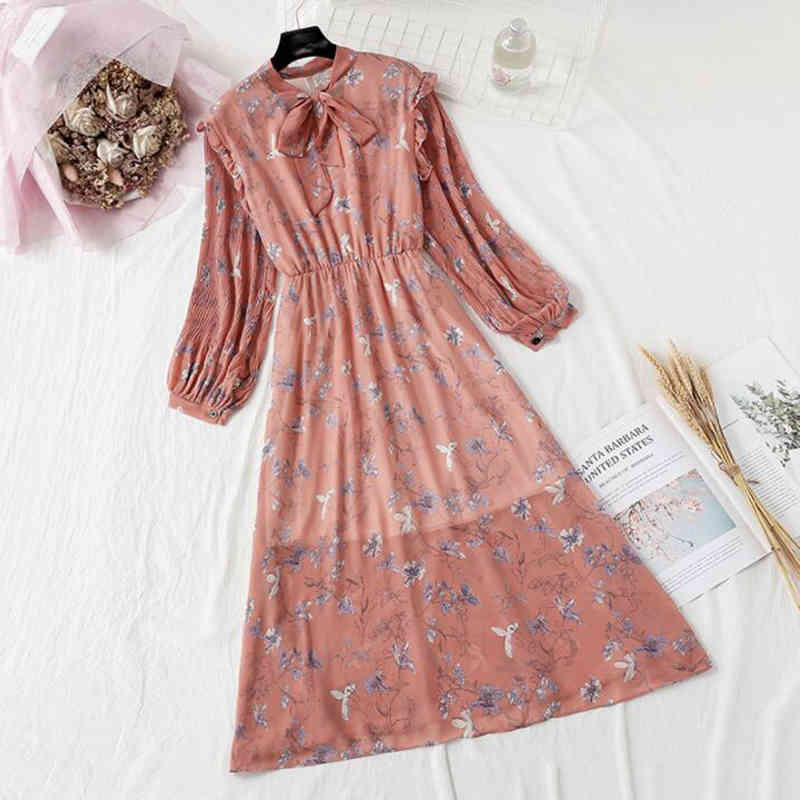 Autumn Elegant Women Chiffon Midi Dress Vintage Bow Floral Print Long Sleeve Dress Elastic Waist Office Lady Casual Dresses 210521