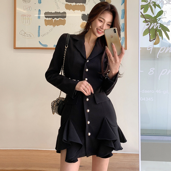 Korean Spring Fashion Pearl Single-Breasted Business Office OL Ruffle Dress Bodycon Vintage Notched Collar Elegant Mini 210519