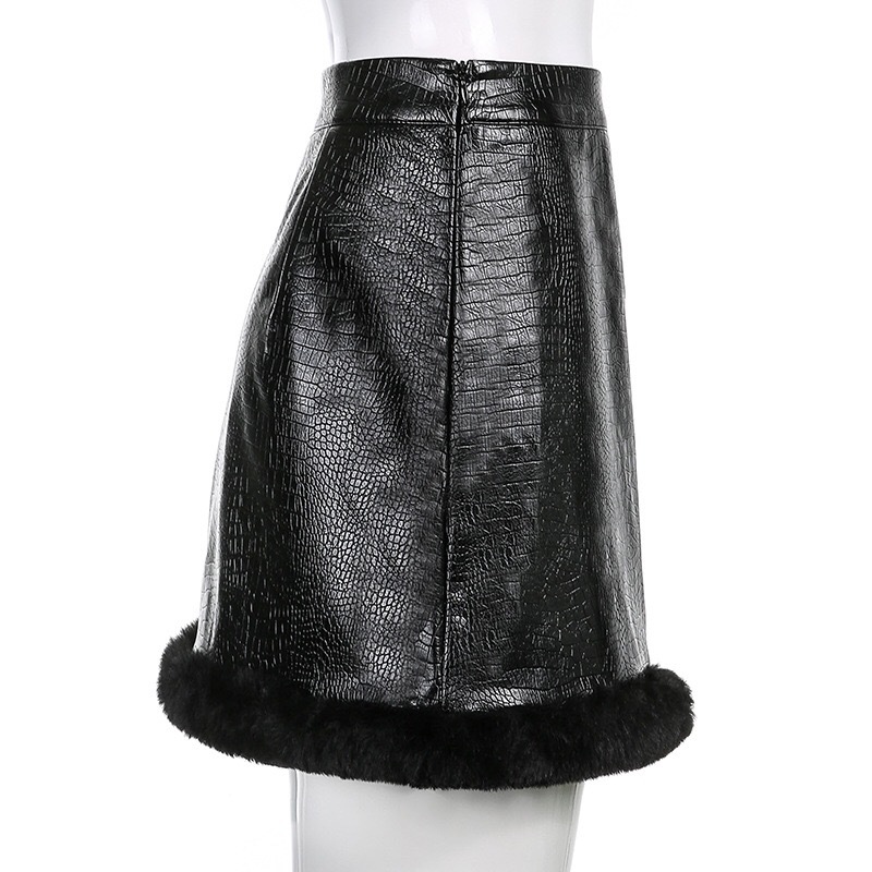 Sexy Women Hem Faux fur Spliced PU Mini Skirt Black Y2K Stylish Cool Girl Package Hips Short Skirts Party 210429