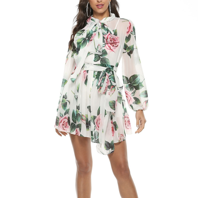 Summer Women Vintage Loose High Waist Slim Was Thin Elegant Printed Bow Tie Dress Female Fashion ZA4303 210427