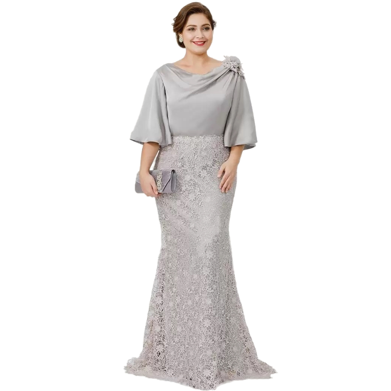 2022 New Silver Elegant Long Mother Of The Bride Dresses Half Sleeve Lace Mermaid Wedding Guest Dress Plus Size Formal Evening Wear