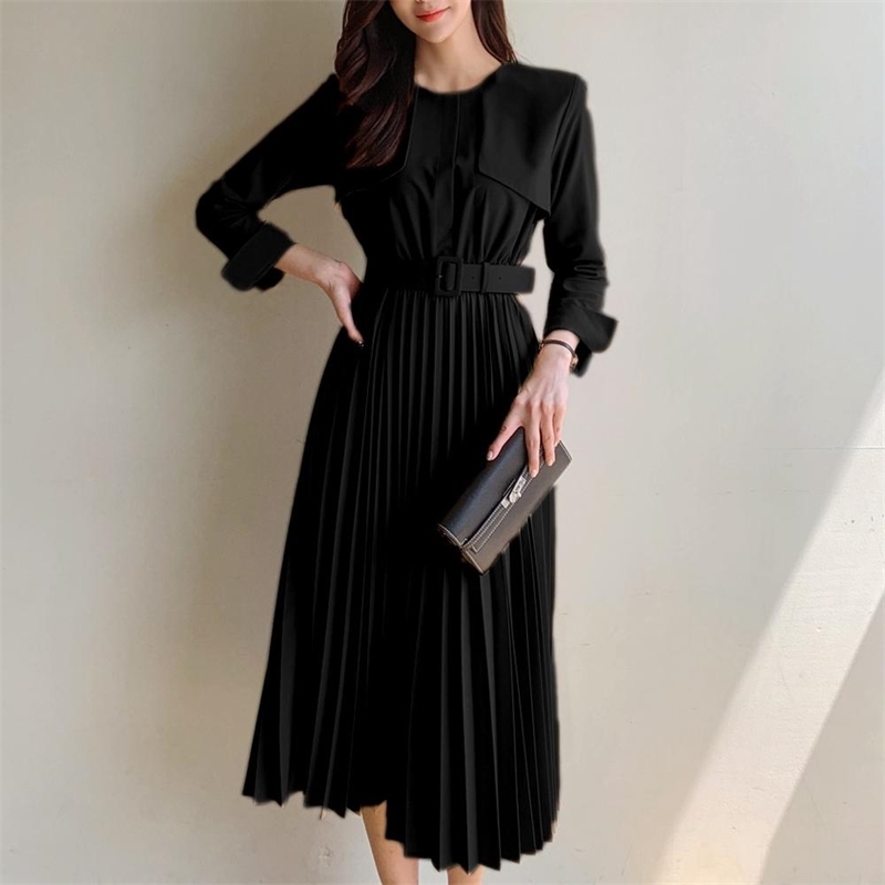 Vintage Elegant Belted Women Dresses Slim Waist Office Ladies Pleated Female Vestidos Autumn 210520