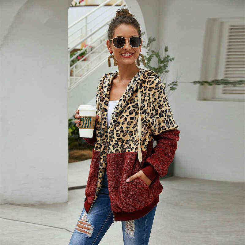 Autumn Winter Leopard Sweatshirts Women Long Sleeve Hooded Hoodies Casual Zipper Hoodie Top Warm Coat Polerones Mujer 211109