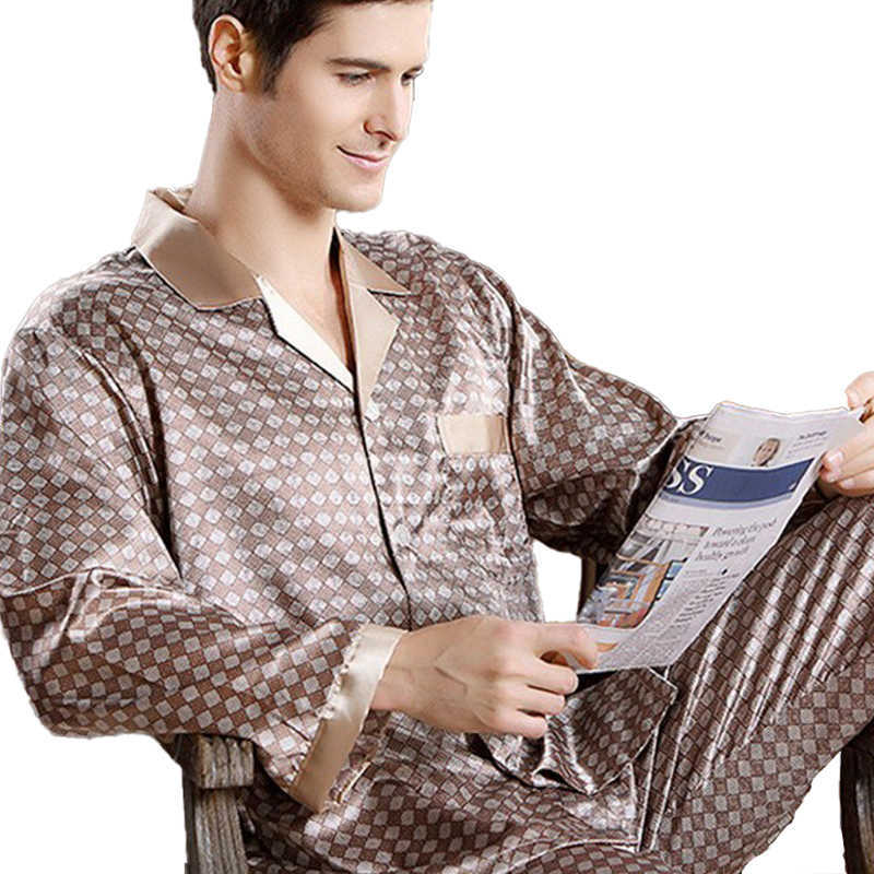 High Quality Silk pajamas paisley Men long-sleeved shirt + trousers two pieces Sleepwear Set Plus Size Pyjamas home clothes Male 211019
