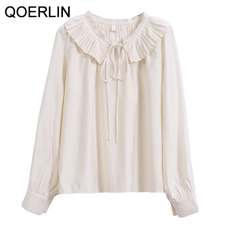 QOERLIN Apricot Ruffled Blouses for Women Elegant Korean Lace Up Bowtie Long Sleeve Loose Pleated Sleeve Chiffon Shirt Plus Size 210412