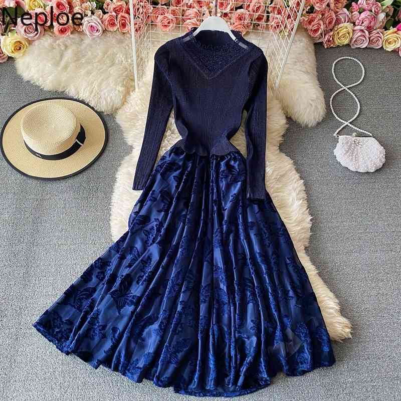 Neploe Maxi Dresses Women Temperament Slim Waist Ruffles Vestidos Stand Neck Big Swing Chic Velvet Elegant Robe Dress 4G996 210422
