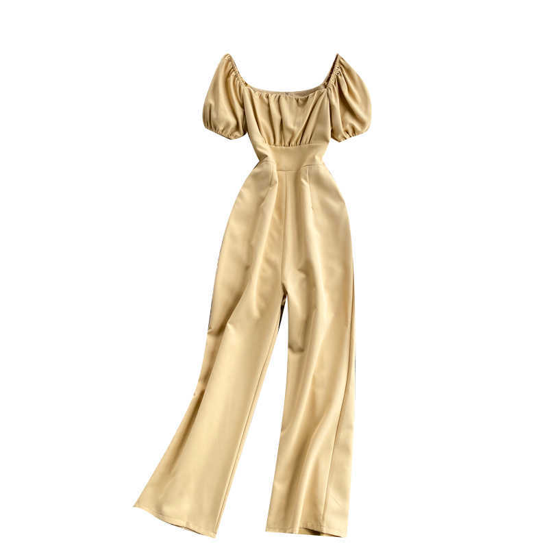 Women Fashion Pleated Square Collar High Waist Thin Short Sleeves Long Jumpsuit Solid Color Broad-legged Overalls S416 210527