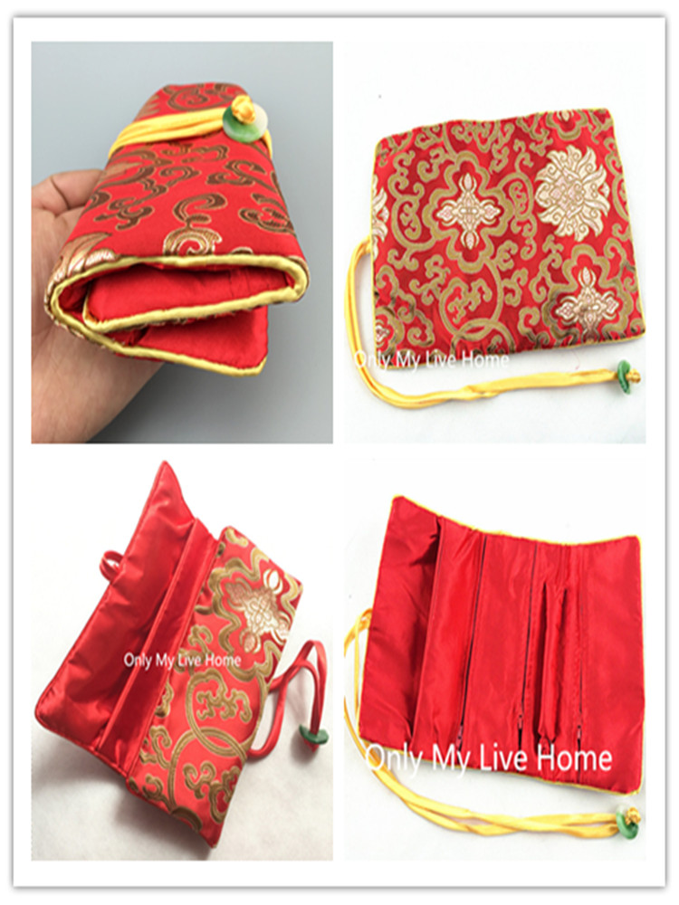 Custom Jade Foldable Silk Brocade Jewelry Chain Roll Travel Case Bag Cosmetic 3 Zipper Pouch Bag Drawstring Ladies Makeup Packaging Bag 10pcs/lot