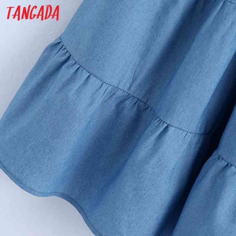 Women Blue Thin Denim Pleated O Neck Short Sleeve Ladies Vintage Mini Dress Vestidos BE436 210416
