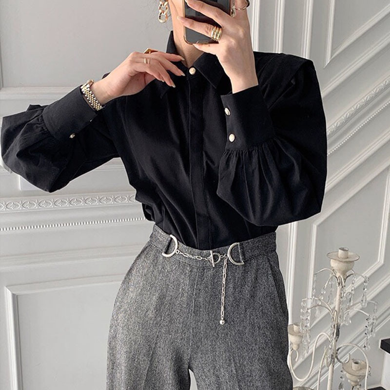 Turn-down Collar Solid Female Clothing Tops Spring Autumn Shirts Women Chic Vintage Loose White Blouse for 12872 210508