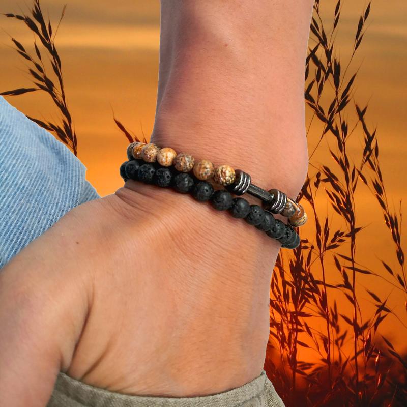 Bracelets de charme 2 PCS SET BRACELET PARLÉ HOMME 6MM Perles de pierre Naturelle Hommes Noir Onyx Lava Fitness Haltère Haution Energie Guérison