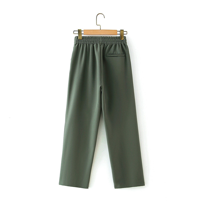 Women Casual Solid Suit Autumn Ankle-Length Pants Elastic High Waist Green Long Straight Office Lady 210421