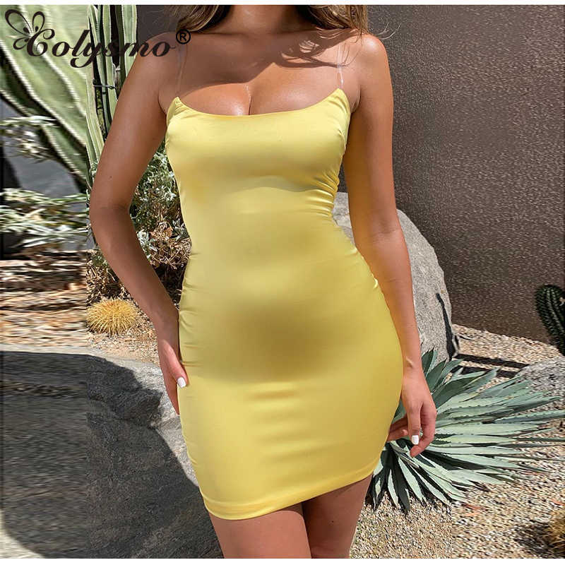 Colysmo 2 Layers Summer Sexy Dress Women Clear Spaghetti Straps Backless Bodycon Party Elegant Red Satin Mini Pencil 210527