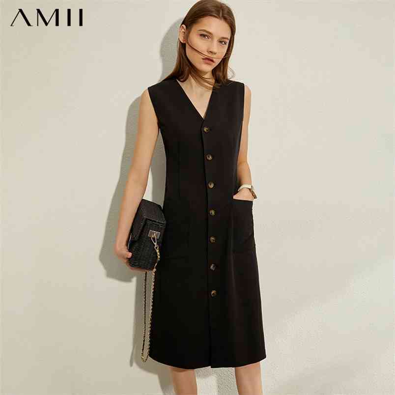 Summer Office Lady Sleeveless Dresses Elegant Solid Vneck Slim Single-breasted Fashion Female Dress 12040158 210527