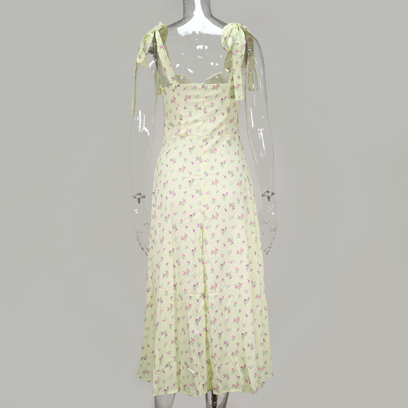 NewAsia Yellow Print Dress Women Summer Sleeveless Tie Up Bow Strap Elegant Midi Dresses Casual Sexy Side Split Floral Dress 210329