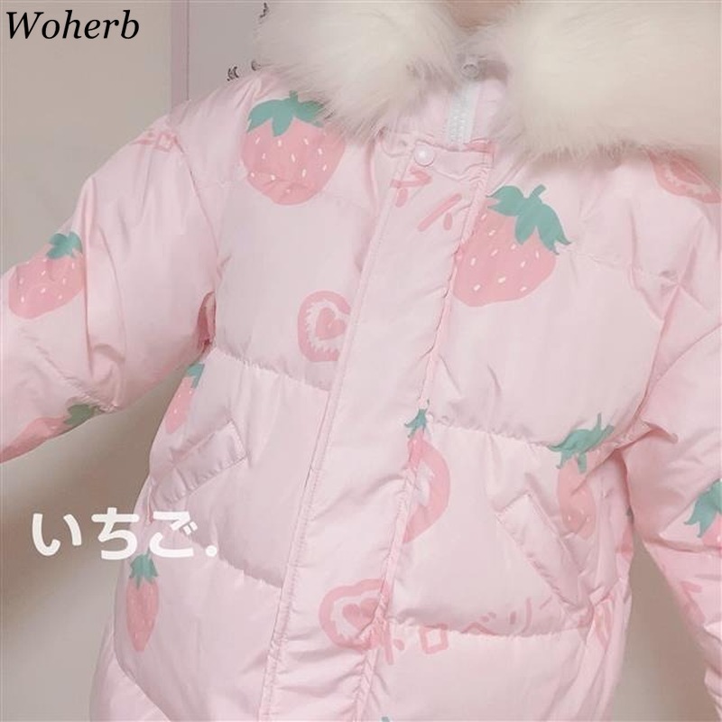 Japanese Harajuku Wadded Jackets Cartoon Print Kawaii Cute Female Hooded Sweet Padded Coat Fashion Outwear Tops 210422