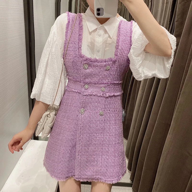 Women Sweet Spaghetti Strap Tweed Mini Dresses Double Breasted Chic Party A Line Tassel Purple Vestidos 210515