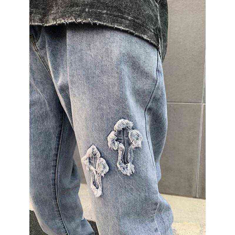 EukaaKa Men Streetwear baggy jeans trousers Cross hip hop Mens Loose Jeans Pants Women oversized Boyfriend Denim 211120