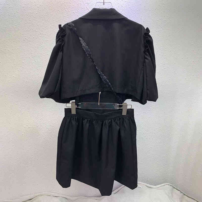 Black Patchwork Pearl Blazer Dress For Women Notched Short Sleeve Hollow Out Mini Dresses Female Fashion 210520