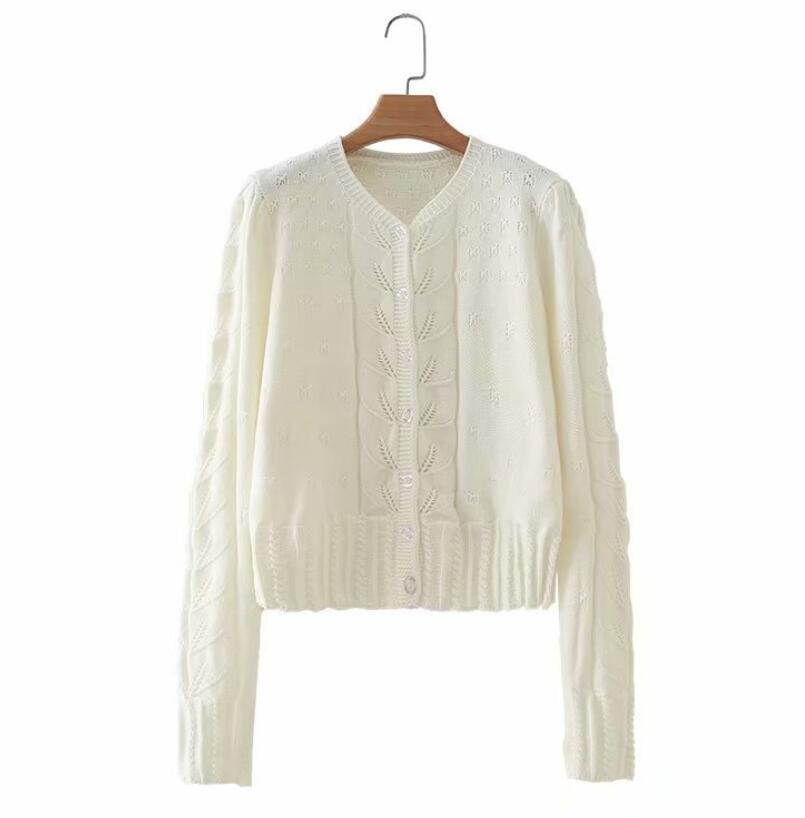 Vintage Women Knitted cardigan France Style Hollow Out Cream Twist Sweater Long Sleeve Knitwear 210429