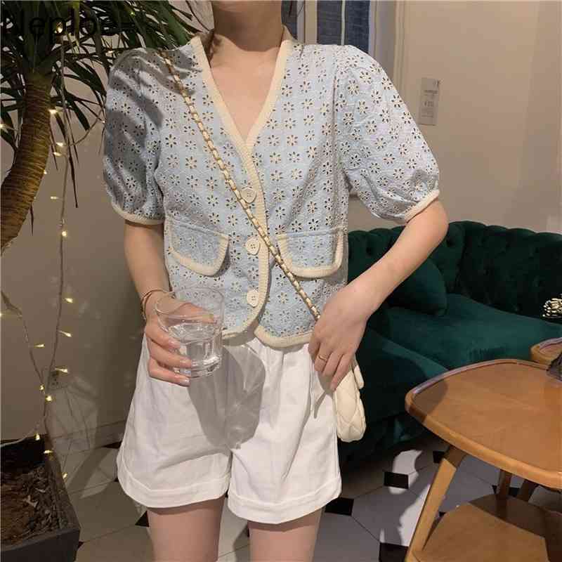 Neploe Vintage Blouses Puff Sleeve Top Women's Elegant Summer Wild Short Blusas Mujer V Neck Single Breasted Chic Buttons Shirts 210422