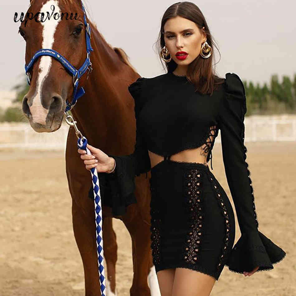 Free Chic Hollow Bandage Dress Women's Sexy Embroidered Horn Long Sleeve Bodycon Club Party Mini Vestido 210524
