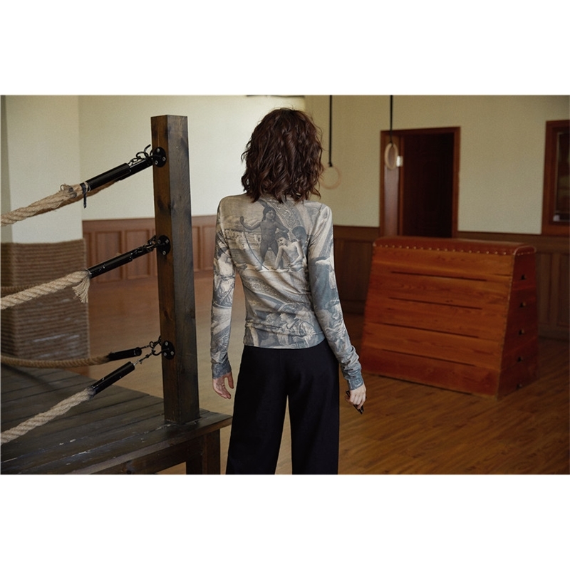 Renaissance Print Vintage Top Turtleneck Long Sleeve Blouse Women Spandex Bodycon Ladies Tops Clothes 210427