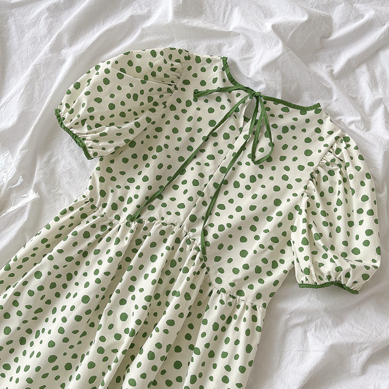 Kimutomo Chic Wave Point Dress Fashion Women Summer Korean O-neck Lace Up Puff Sleeve High Waist Robe Casual Sweet 210521