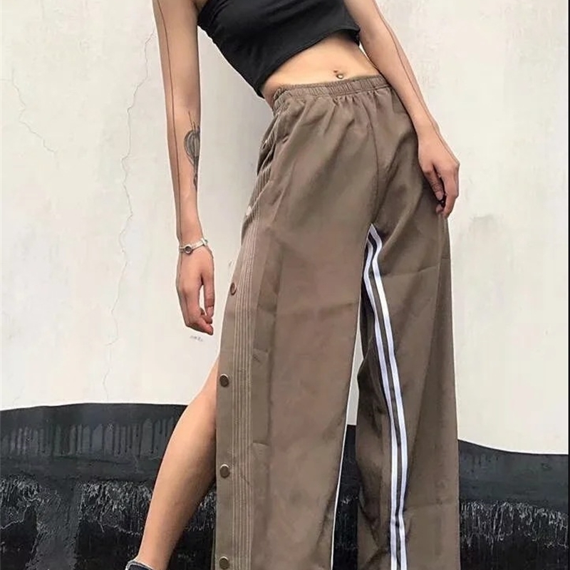 Nomikuma Side Buttons Split Wide Leg Pants Women Causal Sweatpants Autumn Stretch High Waist Striped Long Trousers 6B992 210427