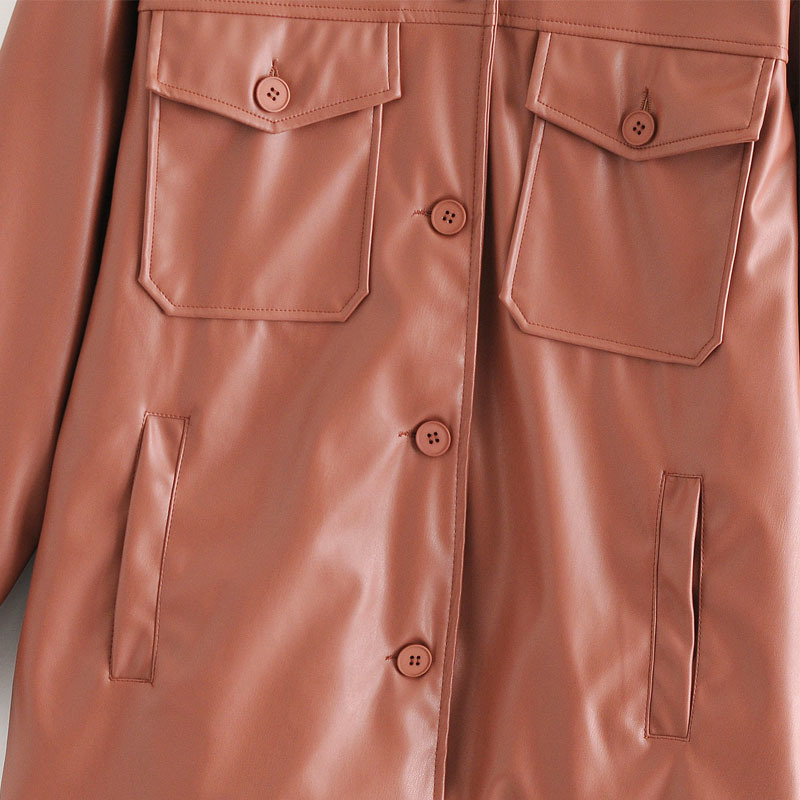 Simple PU Lapel Pocket Long Sleeve Single Breasted Windproof Fashion Chic Women's Jacket High Waist Sweet Female Pants Suit 210507