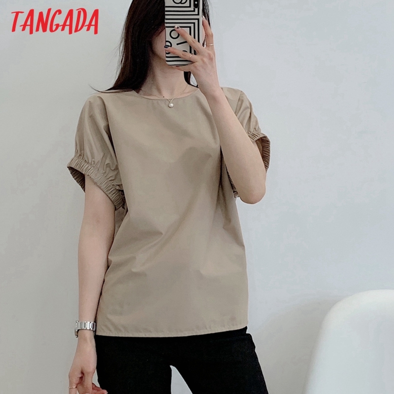 Women Retro Solid Khaki Summer Puff Short Sleeve Chic Female Shirt Tops AI36 210416