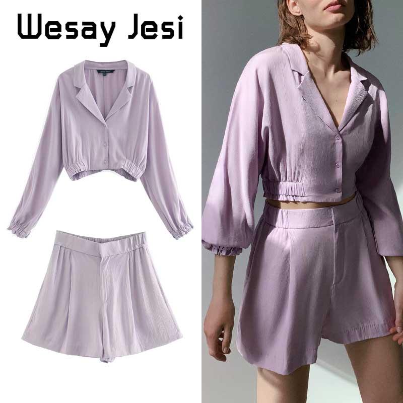Simple Summer Women Two Pieces Sets Vintage Turn Down Collar Long Sleeve Shirt Blouse Shorts Suit Female Casual Clothes Piece Dress