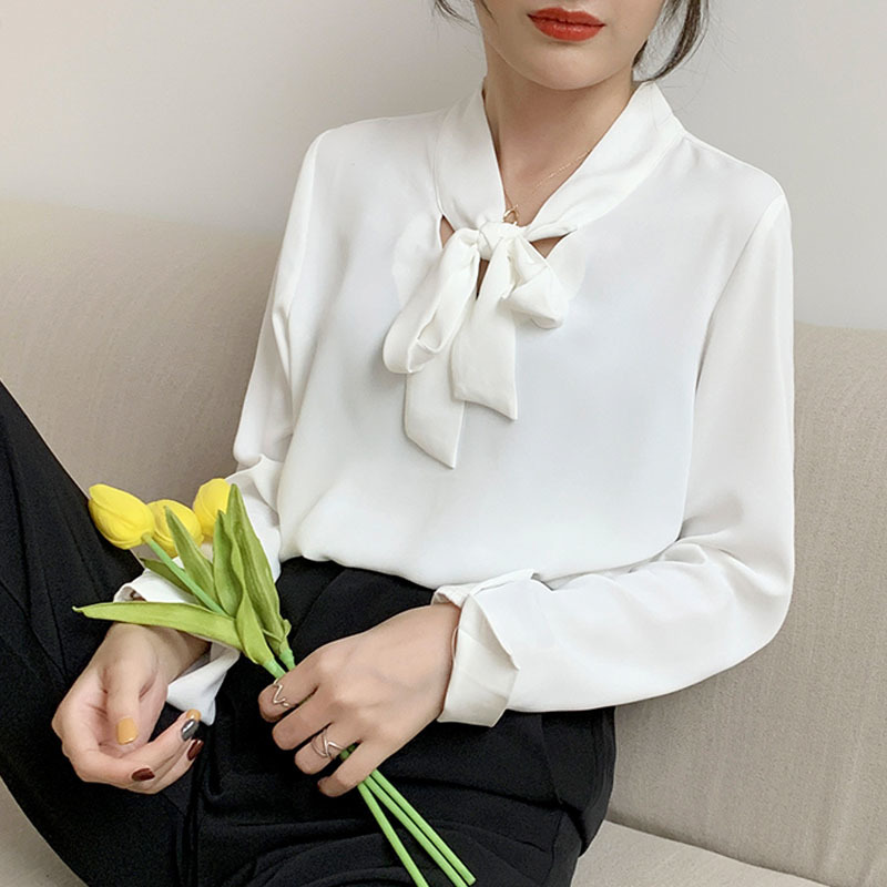 Fashion Women White Blouses Office Lady for Long Sleeve Bow Tops Casual V-neck Elegant Shirts 6073 50 210506
