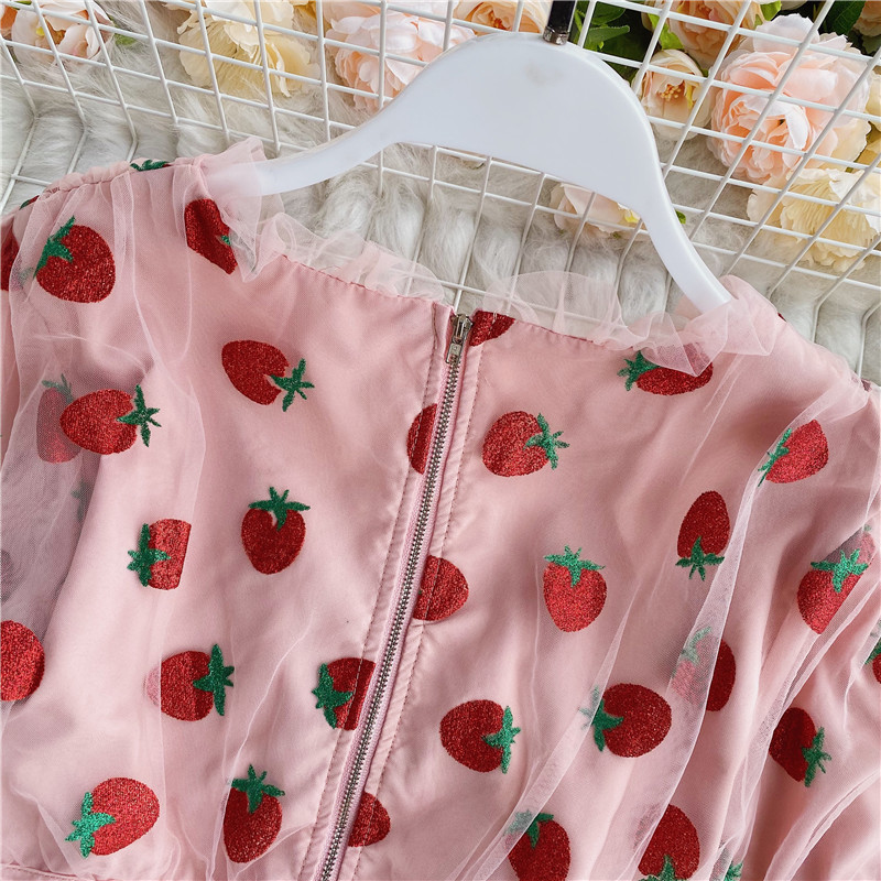 Shining Pink Strawberry Mesh Sexy V Neck Blouses Woman Summer Puff Sleeve Blusa Shirts Casual Sweet Tops Female 210506