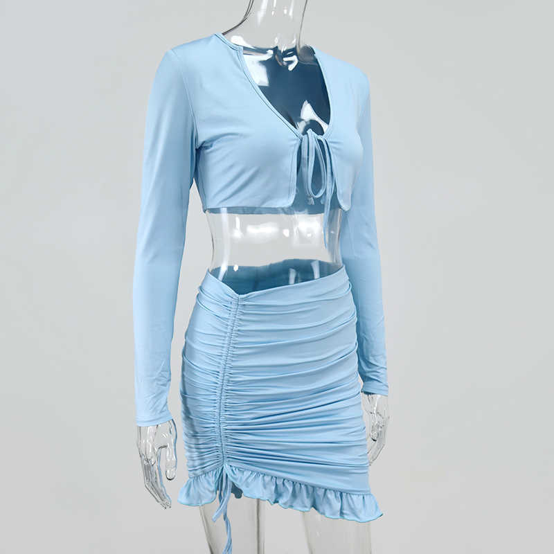 Colysmo Autumn Crop Tops Ruffles Skirts Sets Women Two Piece Set Sexy Chest Lace Up Ruched Party Club Clothes 210527