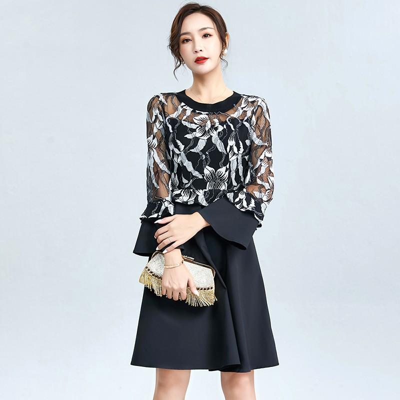 Women Print Dress Autumn O-neck Long Sleeve Fashion Lace Patchwork Plus Size Office Elegant Ladies Dresses Casual Midi