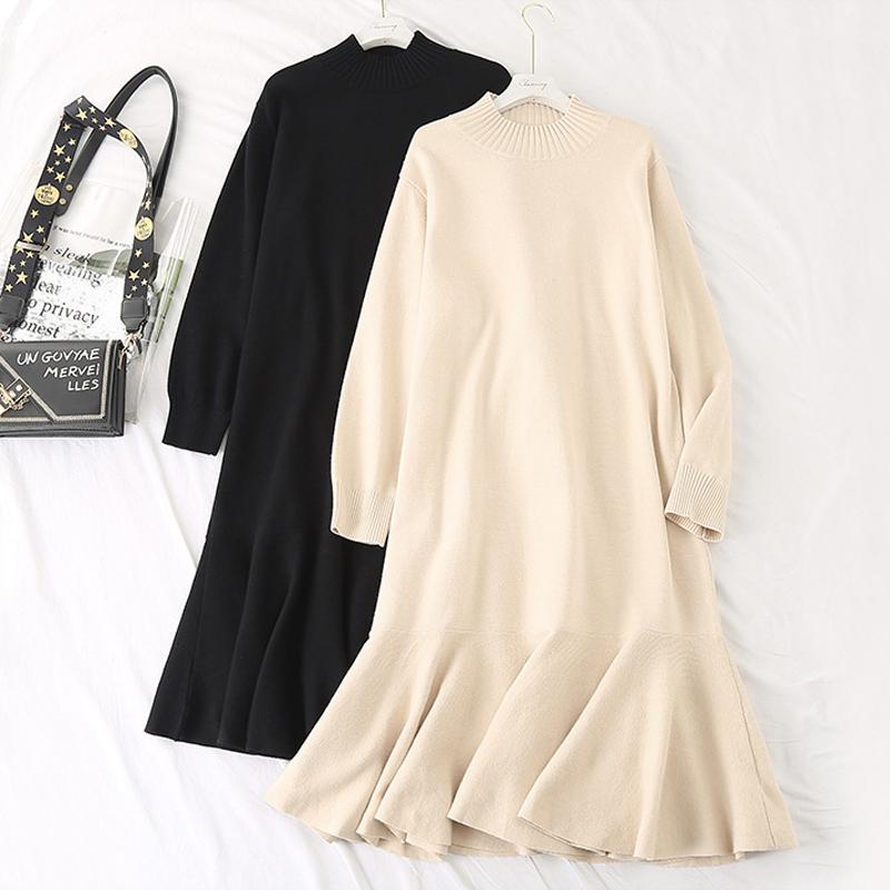 Large Female Autumn Knitted Dress Simple Mid-calf Round Neck A-line Preeey Style Ruff Solid Long Sleeves Loose Xl-4XL Casual Dresses