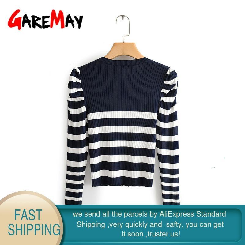 Stripe Sweater Women Autumn Winter Long Sleeve Button Shoulder Crop Striped Ladies Elegant Skinny Jumpers Pullover 210428