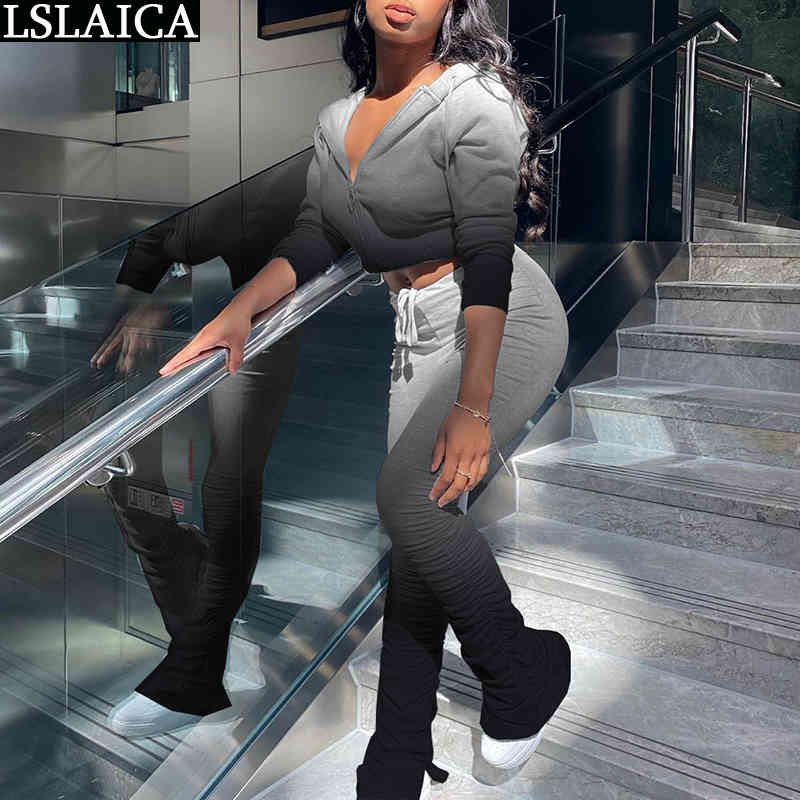 Tie Dye Print Two Piece Set Fall Clothes for Women Casual Tracksuit Hooded Zipper Crop Top Stacked Pants Fashion Streetwear 210515