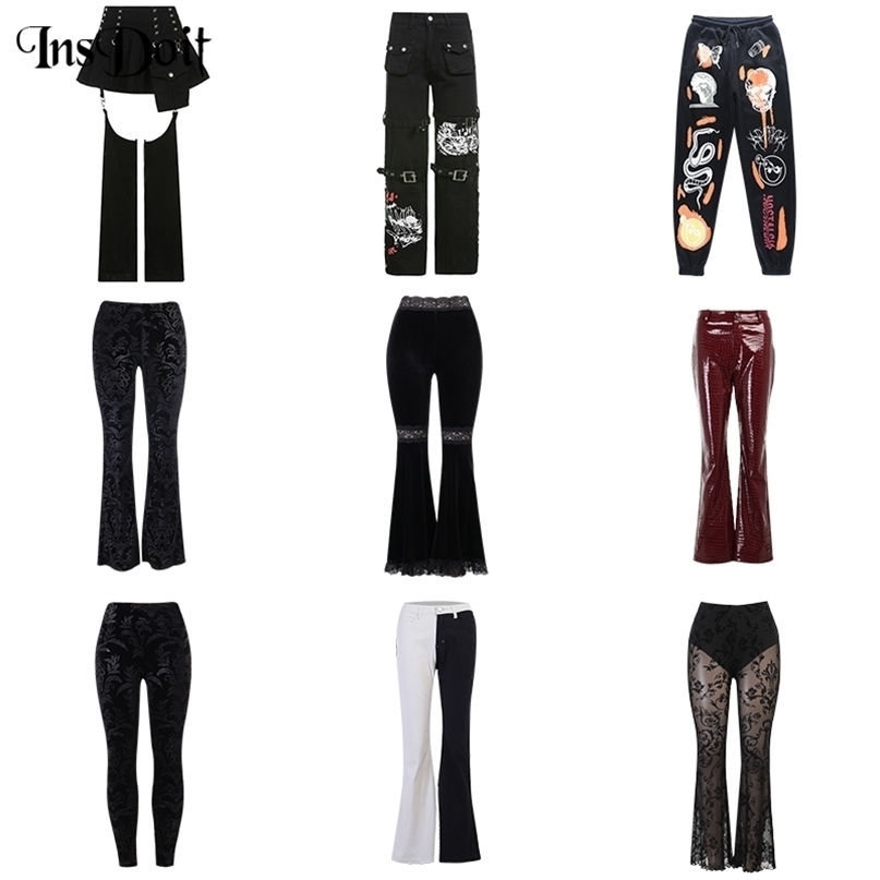 InsDoit Gothic Black Punk Pants Women Streetwear Grunge Trousers Vintage Harajuku Patchwork Lace Velvet High Waist 211115