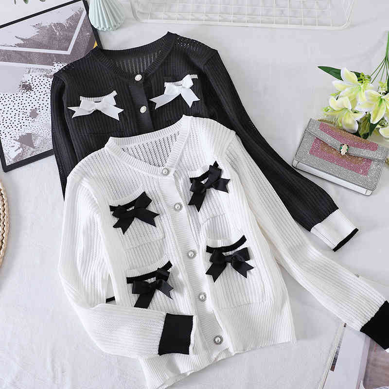 Fashion Elegant Summer Korean Sweater Knitted Cardigan Women's Short Bow Pocket Jacket 210506