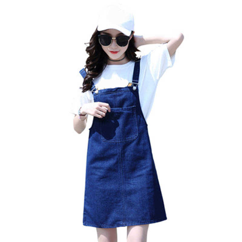 Blue Big Pocket Adjustable Strap Jeans Dress Summer Lady Korean Vest All-match Girl Student Loose A-line Short Denim 210604