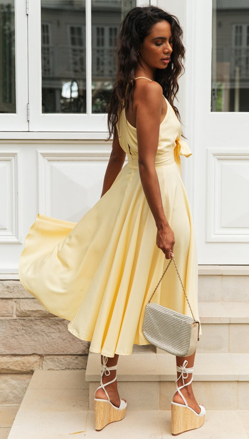 Foridol Bownot Front Women Summer Bohemian Beach Dress Famale Casual Yellow Maxi Long Dress Sundress New Vestidos Mujer 210415
