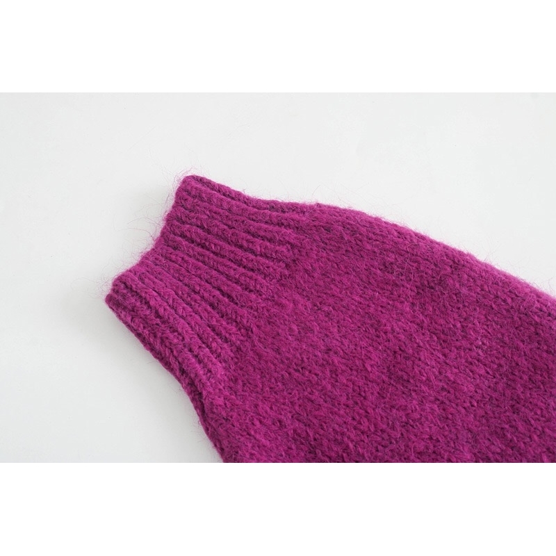 Stylish Women 3/4 Puff Sleeve Purple Cropped Cardigan Retro V neck Knitted High Waist Short Sweater Punk pull Korea Clothes 210429