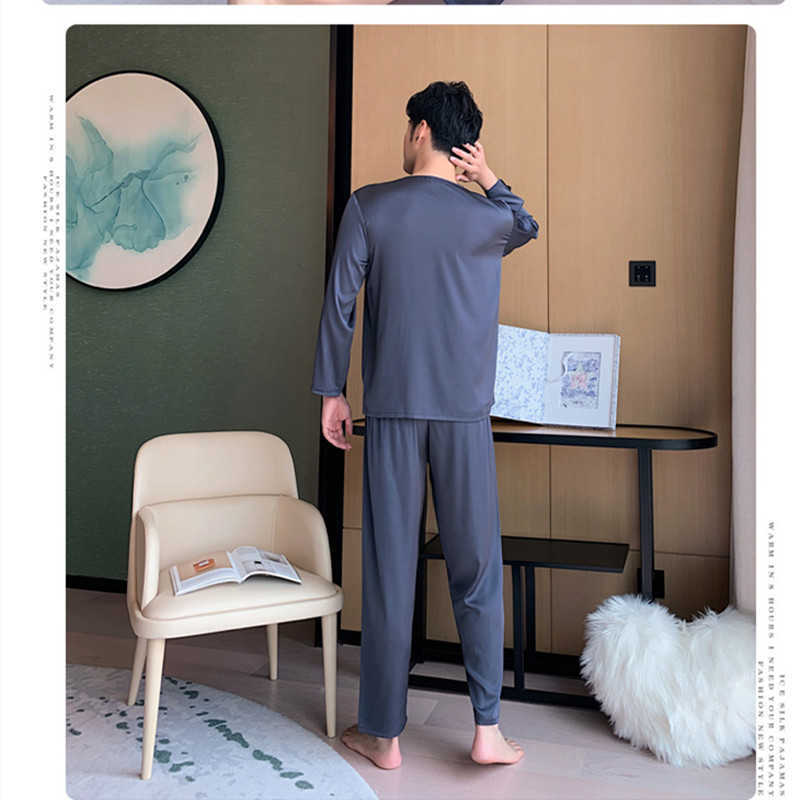 men's ice silk pajamas suit men's long-sleeved thin pajamas men's sleeping lounge home wear soft and comfortable pajamas 211019