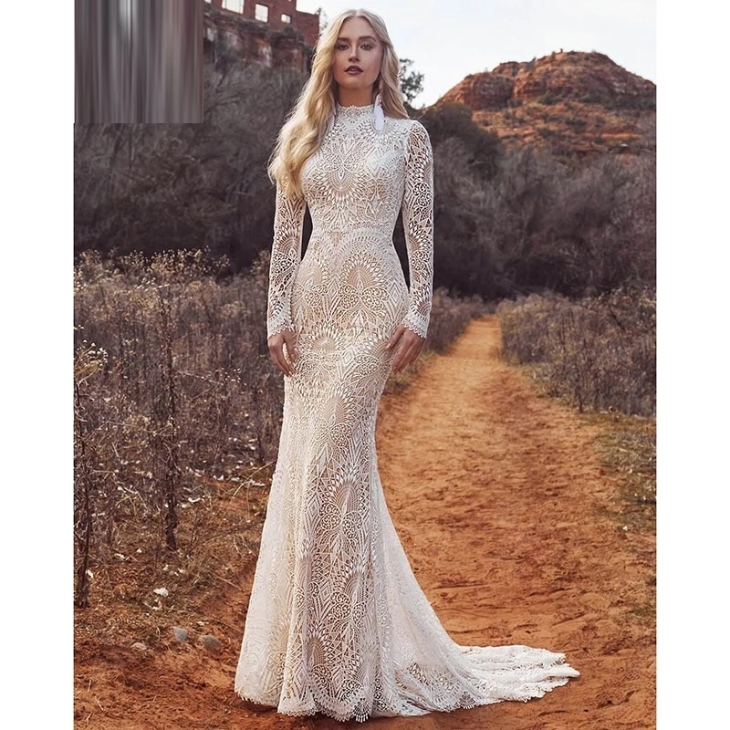Vintage Crochet Lace Bohemian Wedding Dresses 2022 High Neck Long Sleeve Pastrol Mermaid Fishtail Bridal Gowns robe de mariée