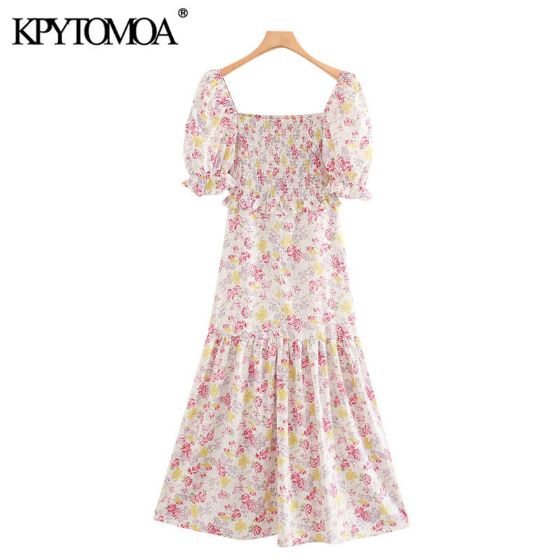 Women Chic Fashion Floral Print Smocked Midi Dress Puff Sleeves Side Zipper Slit Female Dresses Vestidos 210420
