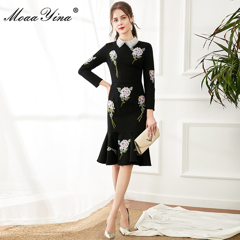Spring Women Dress Beaded turn-down collar Rose Embroidery drilling Black Slim Package hip Elegant Mermaid Dresses 210524